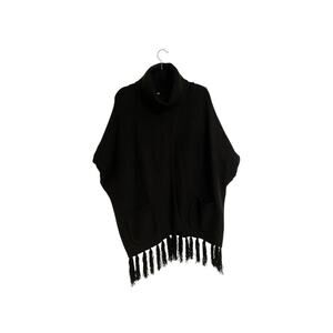 Steve Madden Poncho Wrap Black Knit Fringe Hem One Size Sweater Top